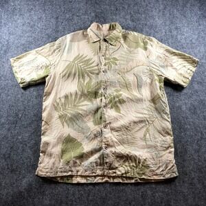 Tommy Bahama‎ Silk Blend Camp Shirt Men's M Tan Tropical Leaf Print Button Up